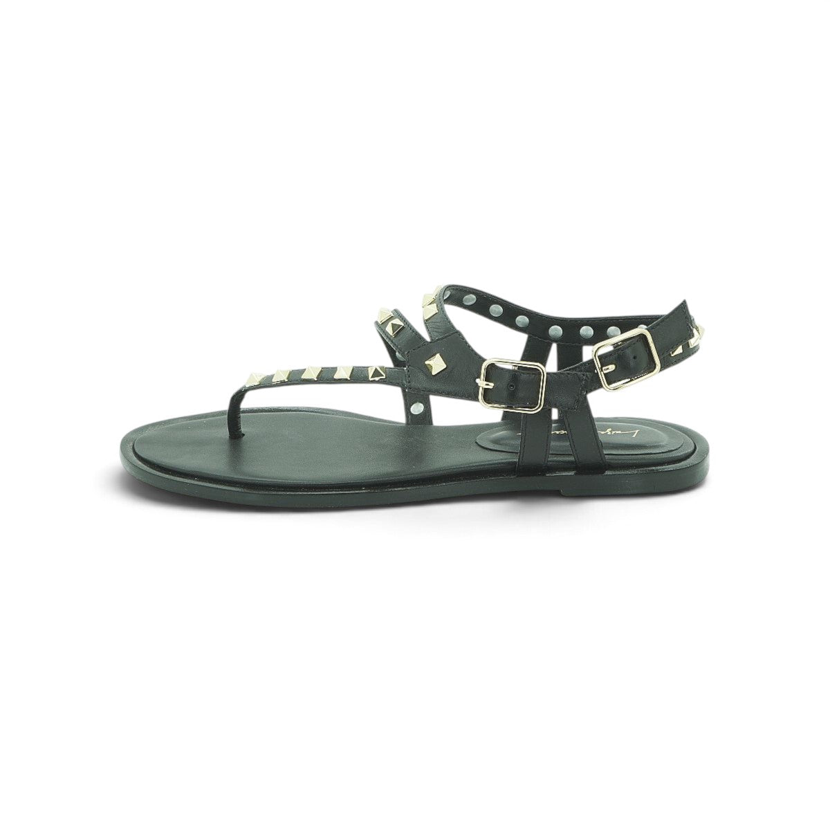 Luisa Barcelos Black Leather Studded T-Bar Flat Sandal | 14270013