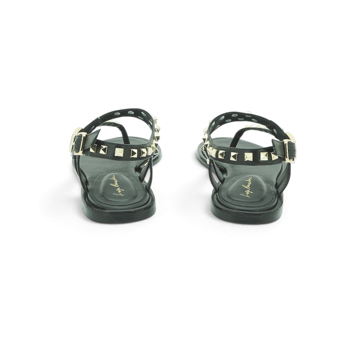 Luisa Barcelos Black Leather Studded T-Bar Flat Sandal | 14270013