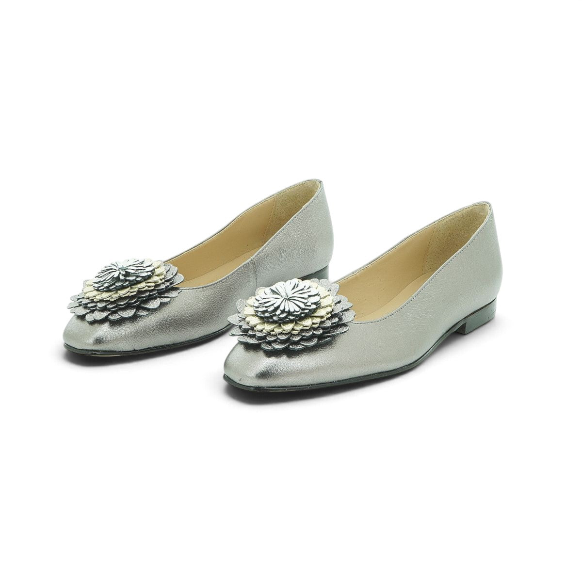 Luisa Barcelos Silver Metallic Leather Ballet Flat with 3D Flower | 14450004