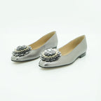 Luisa Barcelos Silver Metallic Leather Ballet Flat with 3D Flower | 14450004