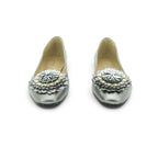 Luisa Barcelos Silver Metallic Leather Ballet Flat with 3D Flower | 14450004