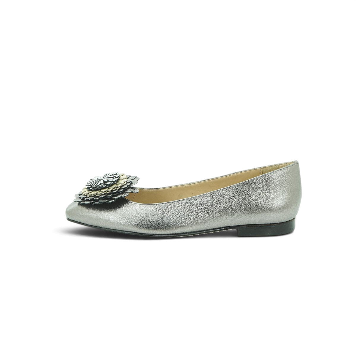 Luisa Barcelos Silver Metallic Leather Ballet Flat with 3D Flower | 14450004