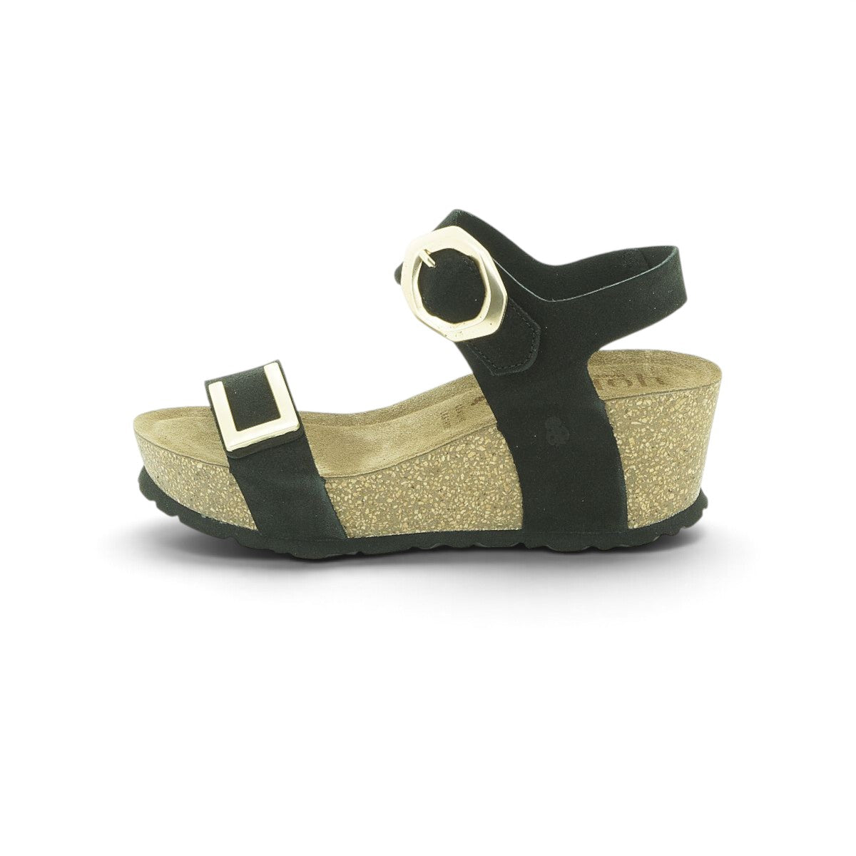 Yokono Black Nubuck Double-Strap Cork Wedge Sandal | BARI-255