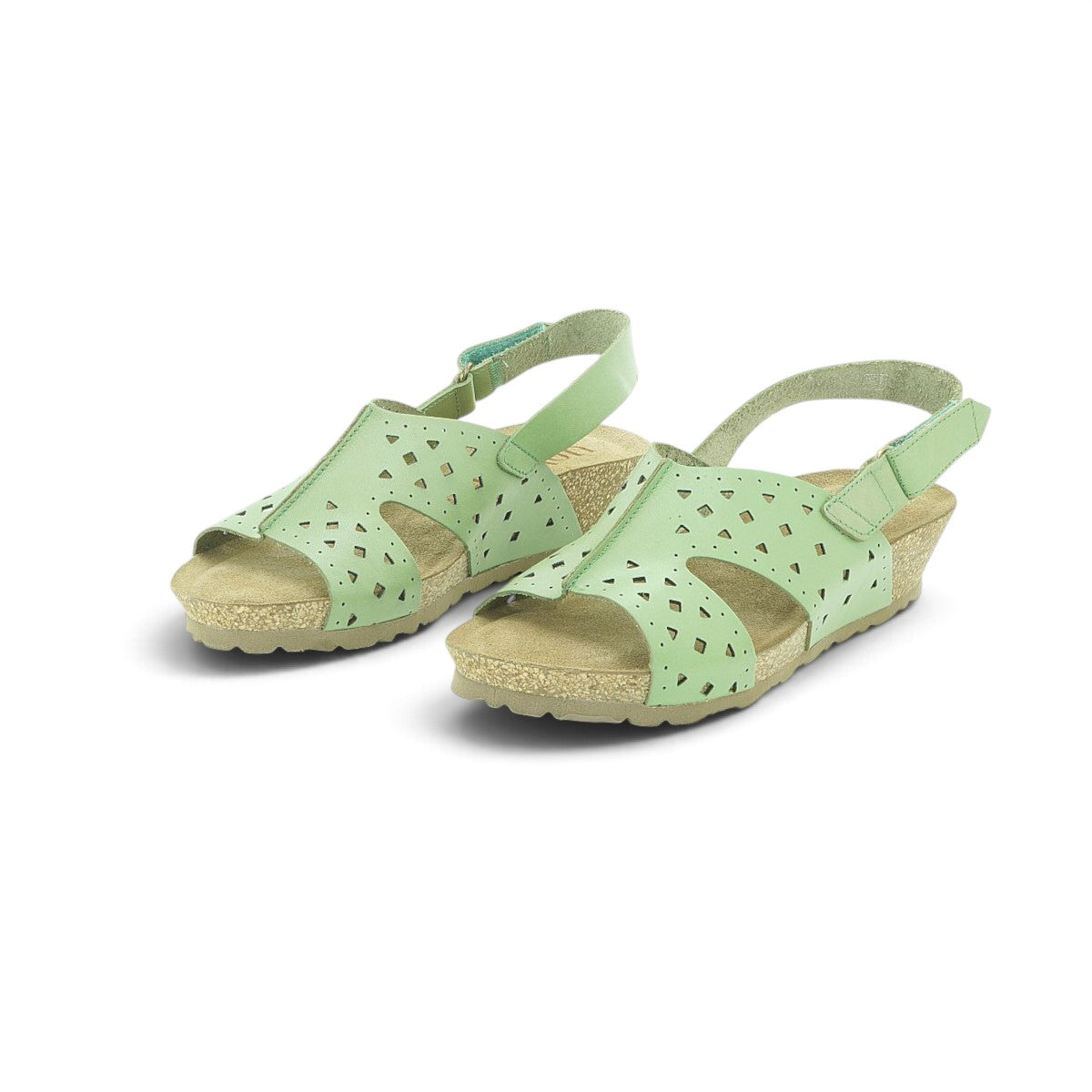 Yokono Sage Green Leather Laser-Cut Perforated Cork Wedge Sandal | MONACO-252