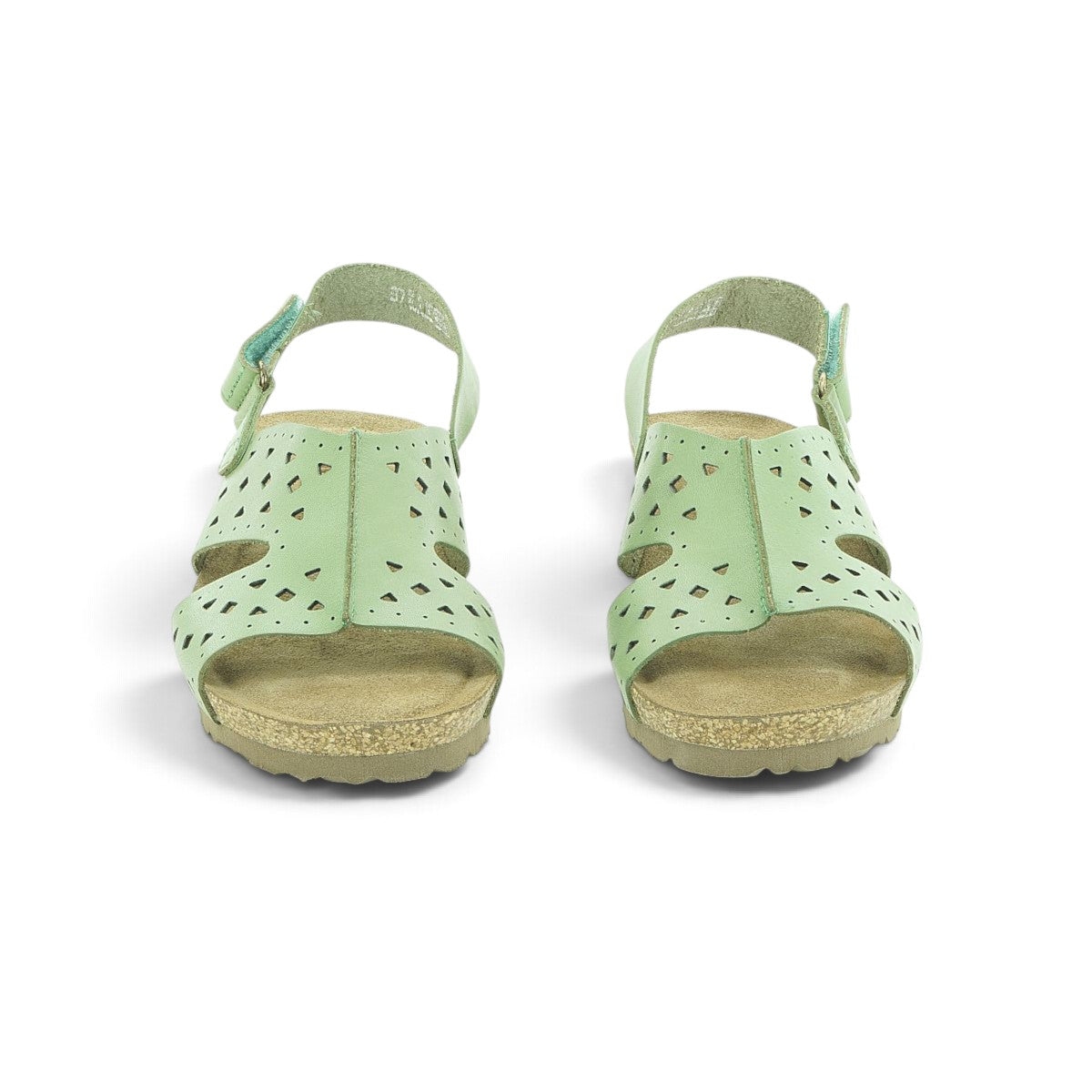 Yokono Sage Green Leather Laser-Cut Perforated Cork Wedge Sandal | MONACO-252