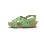 Yokono Sage Green Leather Laser-Cut Perforated Cork Wedge Sandal | MONACO-252