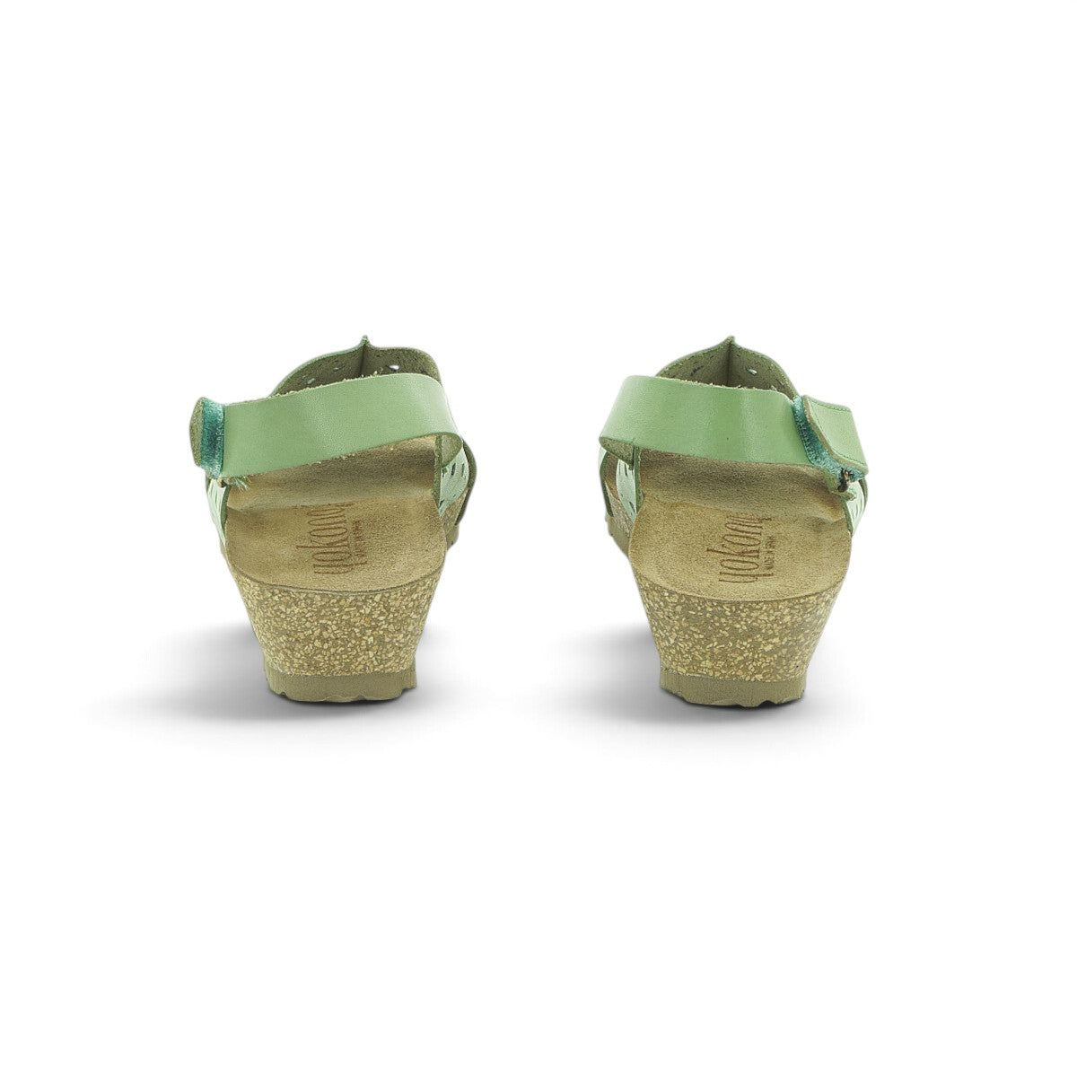Yokono Sage Green Leather Laser-Cut Perforated Cork Wedge Sandal | MONACO-252