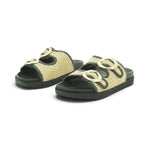 Yokono Natural Raffia & Black Double-Strap Gold Ring Flat Slide Sandal | MORENA-304