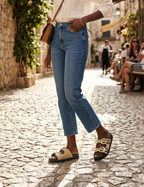Yokono Natural Raffia & Black Double-Strap Gold Ring Flat Slide Sandal | MORENA-304