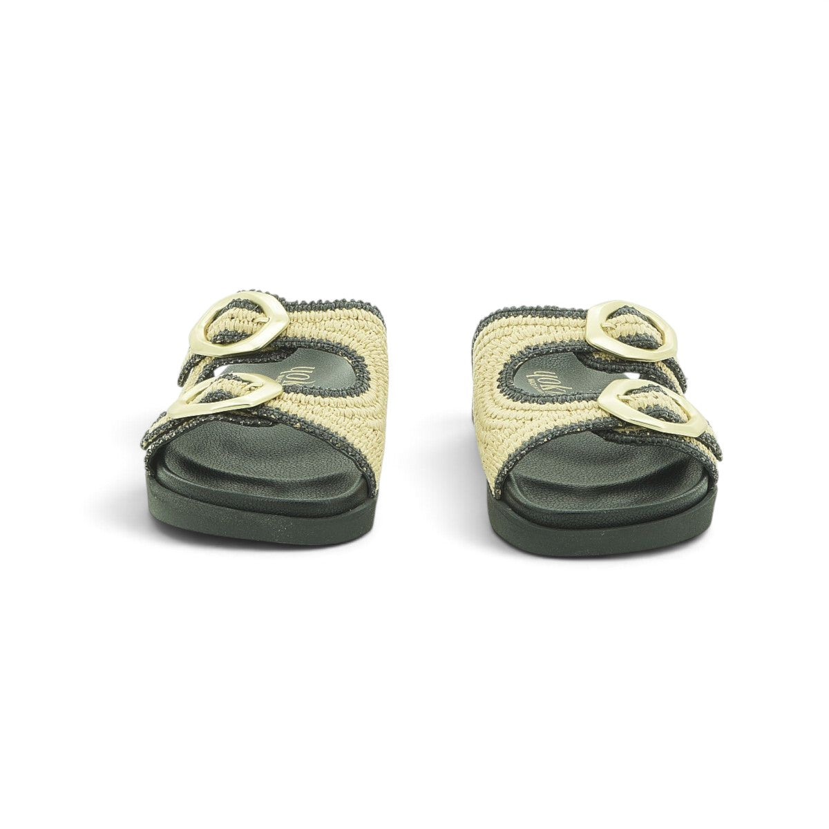 Yokono Natural Raffia & Black Double-Strap Gold Ring Flat Slide Sandal | MORENA-304