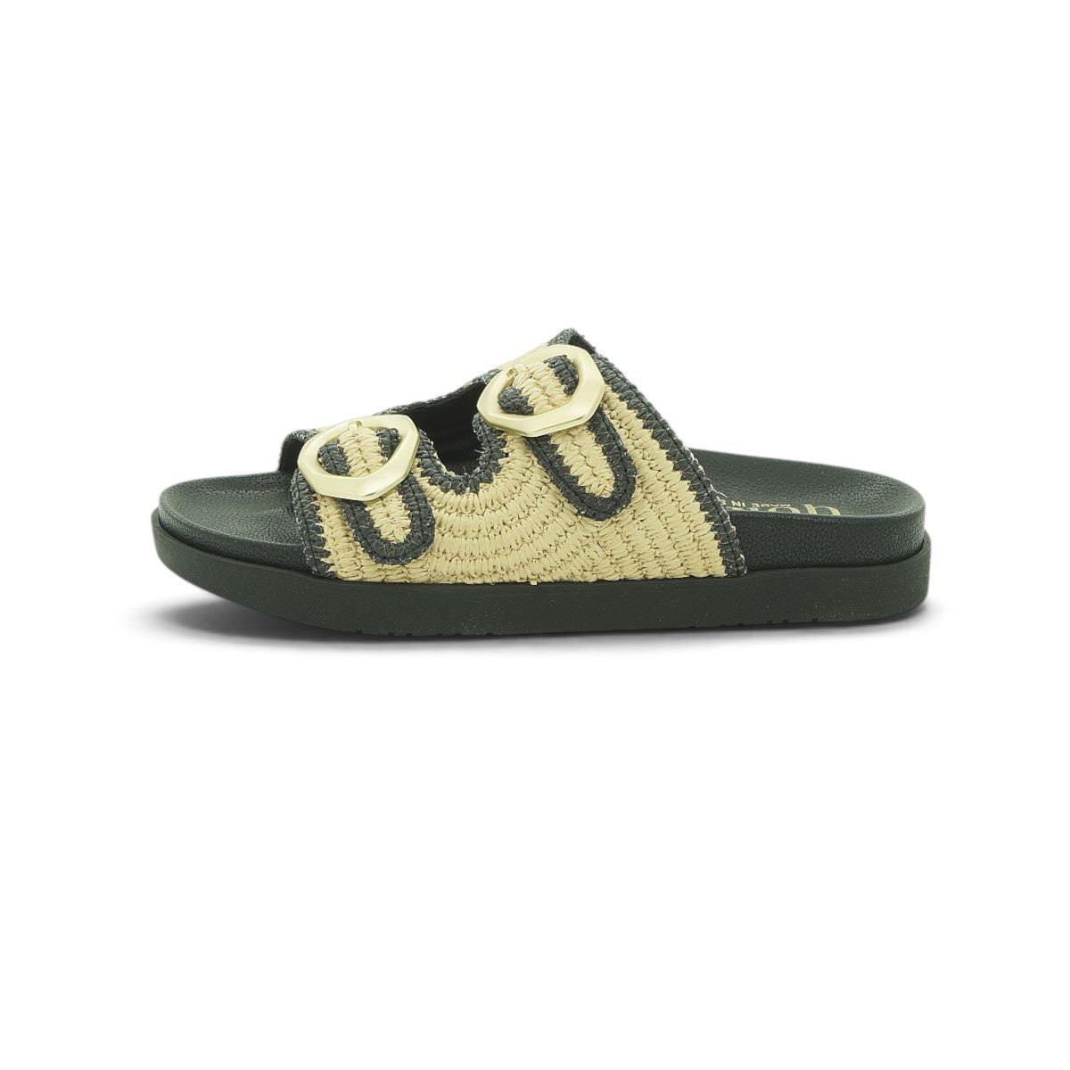 Yokono Natural Raffia & Black Double-Strap Gold Ring Flat Slide Sandal | MORENA-304