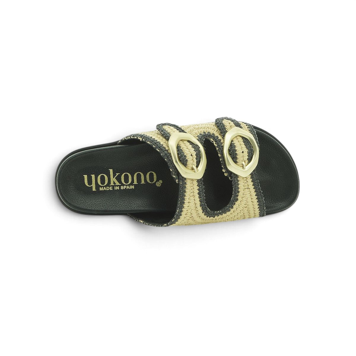 Yokono Natural Raffia & Black Double-Strap Gold Ring Flat Slide Sandal | MORENA-304