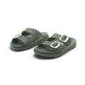 Yokono Black Leather Laser-Cut Floral Double-Strap Gold Buckle Flat Slide | MORENA-306