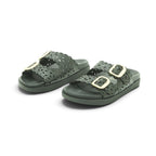 Yokono Black Leather Laser-Cut Floral Double-Strap Gold Buckle Flat Slide | MORENA-306