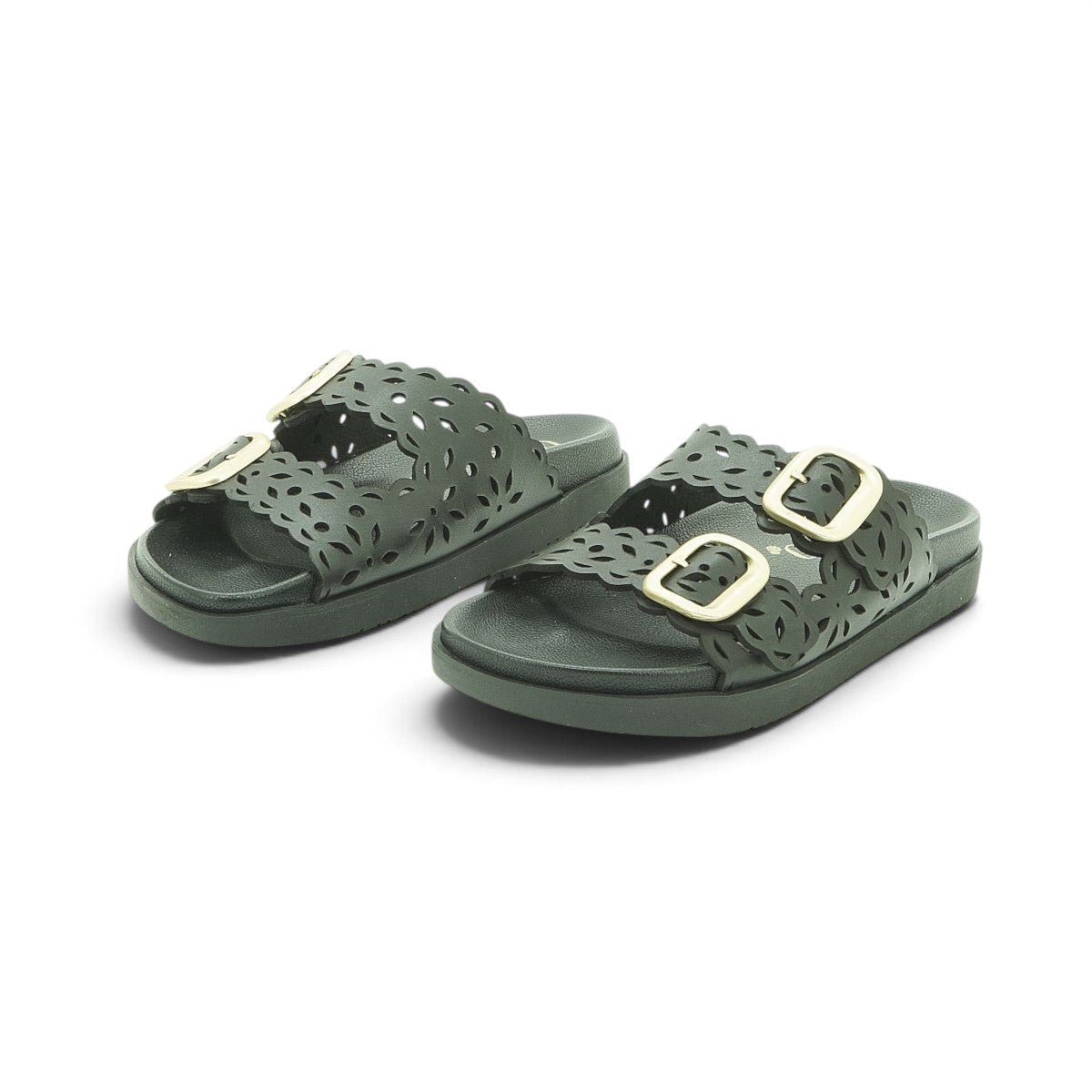 Yokono Black Leather Laser-Cut Floral Double-Strap Gold Buckle Flat Slide | MORENA-306