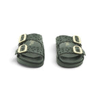 Yokono Black Leather Laser-Cut Floral Double-Strap Gold Buckle Flat Slide | MORENA-306