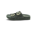Yokono Black Leather Laser-Cut Floral Double-Strap Gold Buckle Flat Slide | MORENA-306