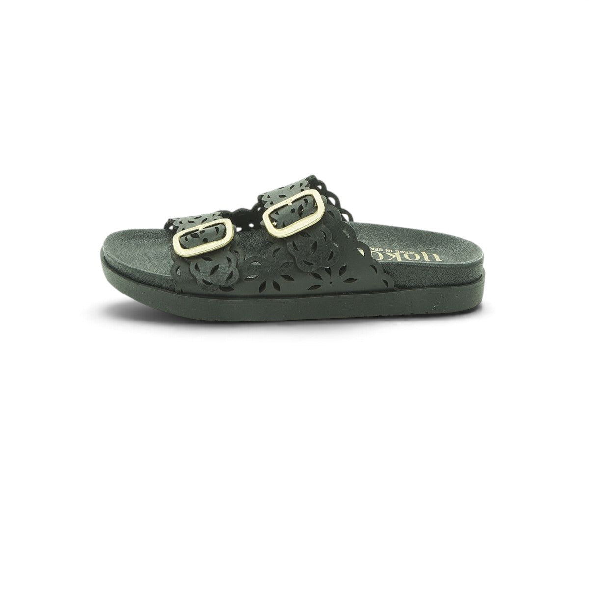 Yokono Black Leather Laser-Cut Floral Double-Strap Gold Buckle Flat Slide | MORENA-306