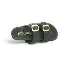 Yokono Black Leather Laser-Cut Floral Double-Strap Gold Buckle Flat Slide | MORENA-306