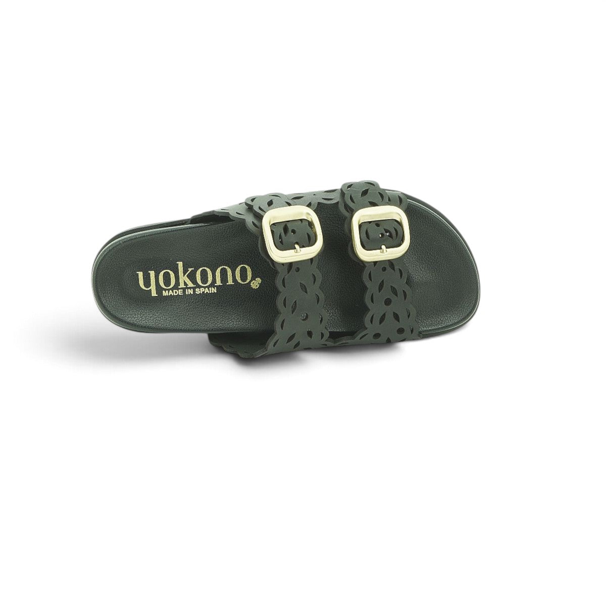 Yokono Black Leather Laser-Cut Floral Double-Strap Gold Buckle Flat Slide | MORENA-306