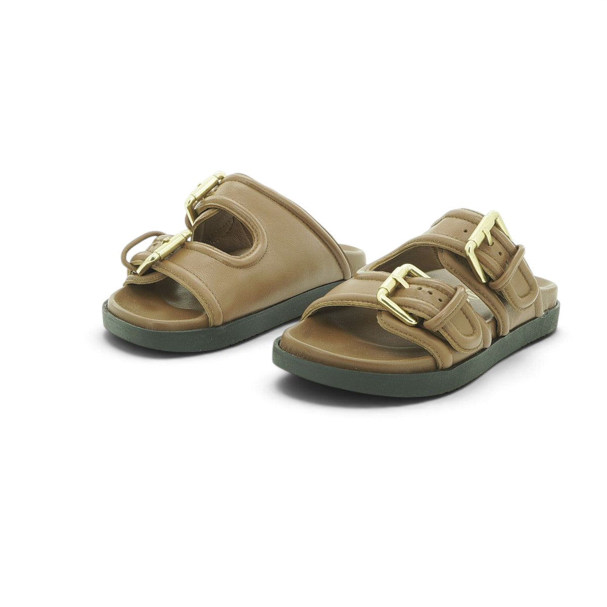 Yokono Tan Leather Padded Double-Strap Gold Buckle Flat Slide | MORENA-311