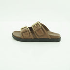Yokono Tan Leather Padded Double-Strap Gold Buckle Flat Slide | MORENA-311