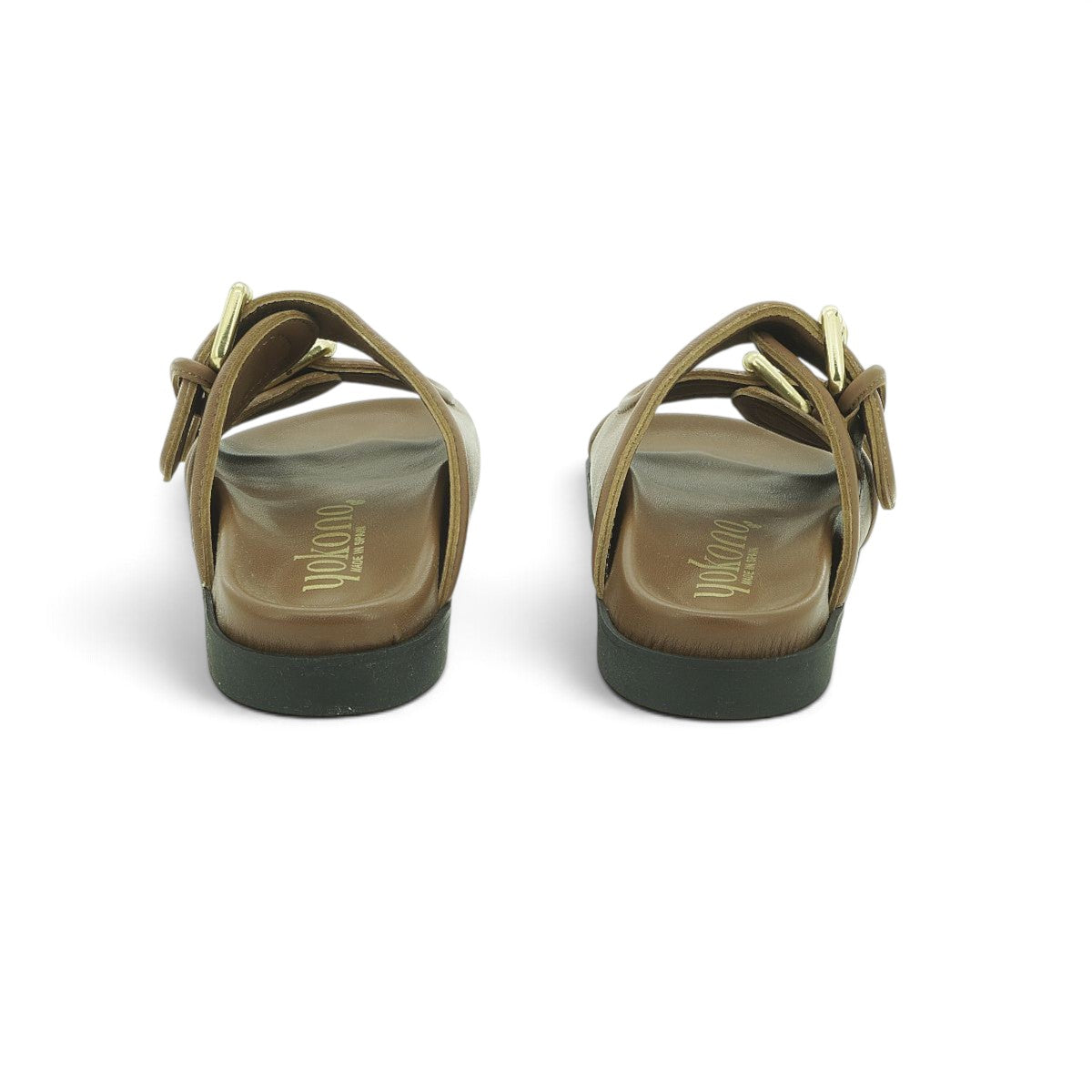 Yokono Tan Leather Padded Double-Strap Gold Buckle Flat Slide | MORENA-311