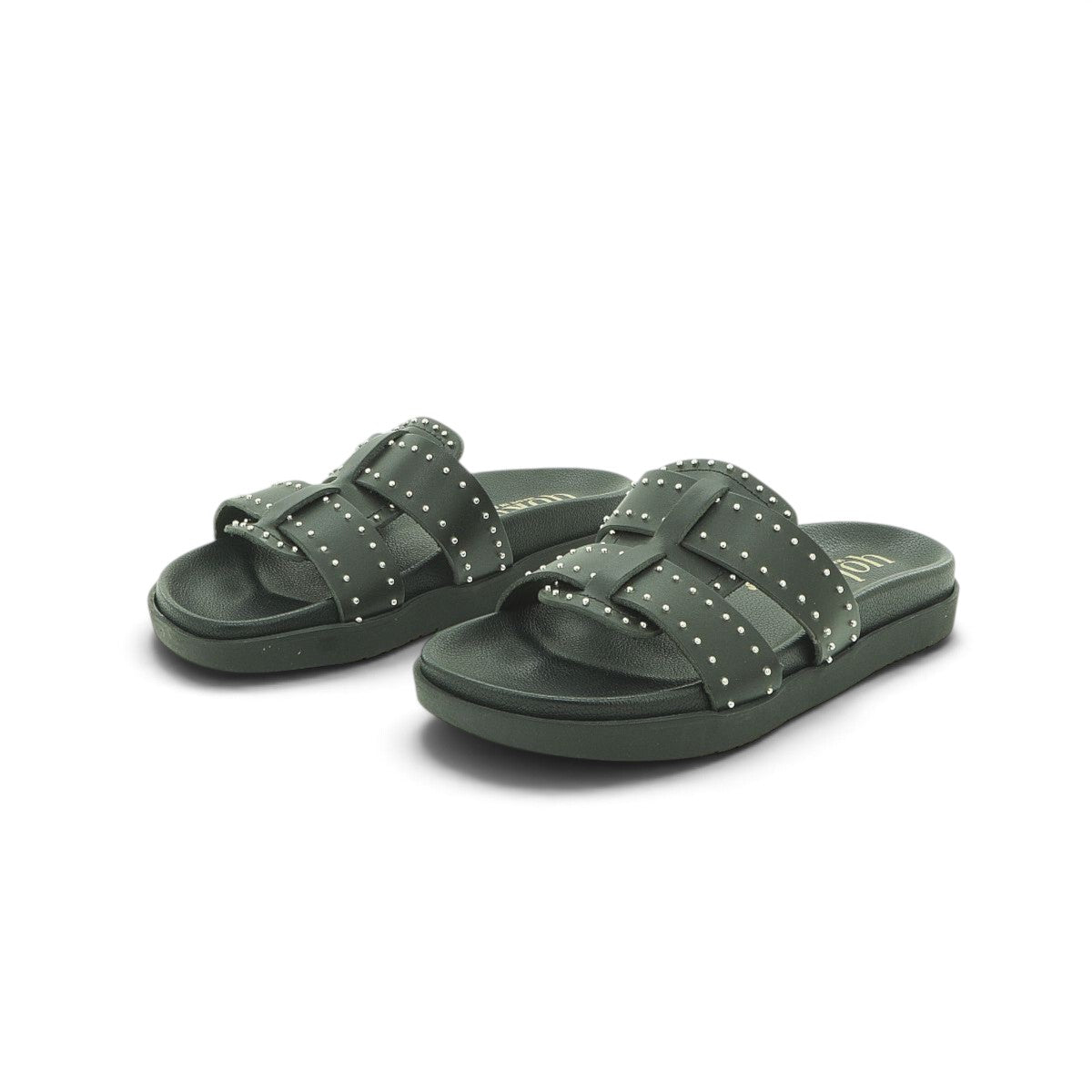 Yokono Black Leather Studded Woven Cross-Strap Flat Slide | MORENA-312