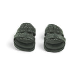 Yokono Black Leather Studded Woven Cross-Strap Flat Slide | MORENA-312