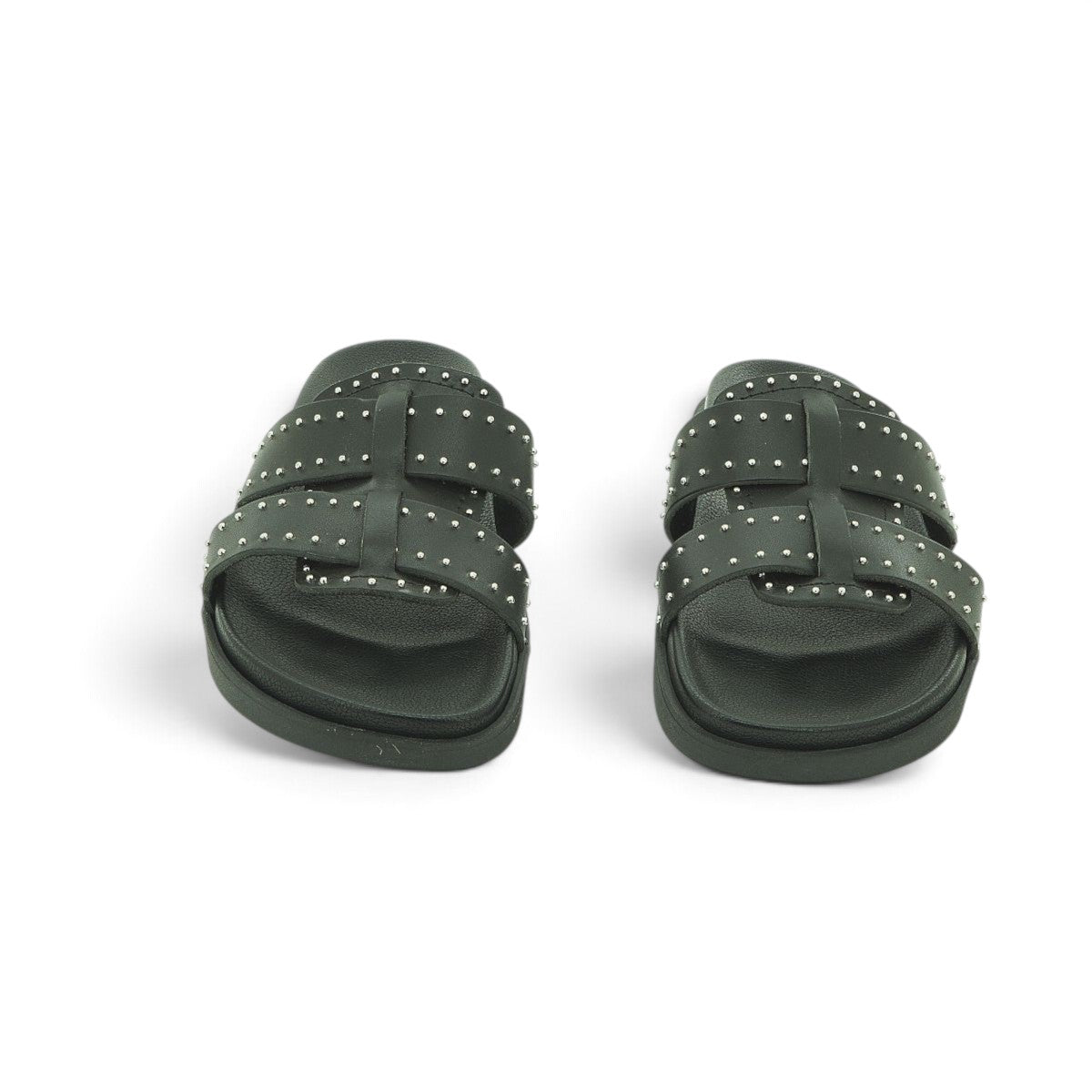 Yokono Black Leather Studded Woven Cross-Strap Flat Slide | MORENA-312