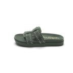 Yokono Black Leather Studded Woven Cross-Strap Flat Slide | MORENA-312