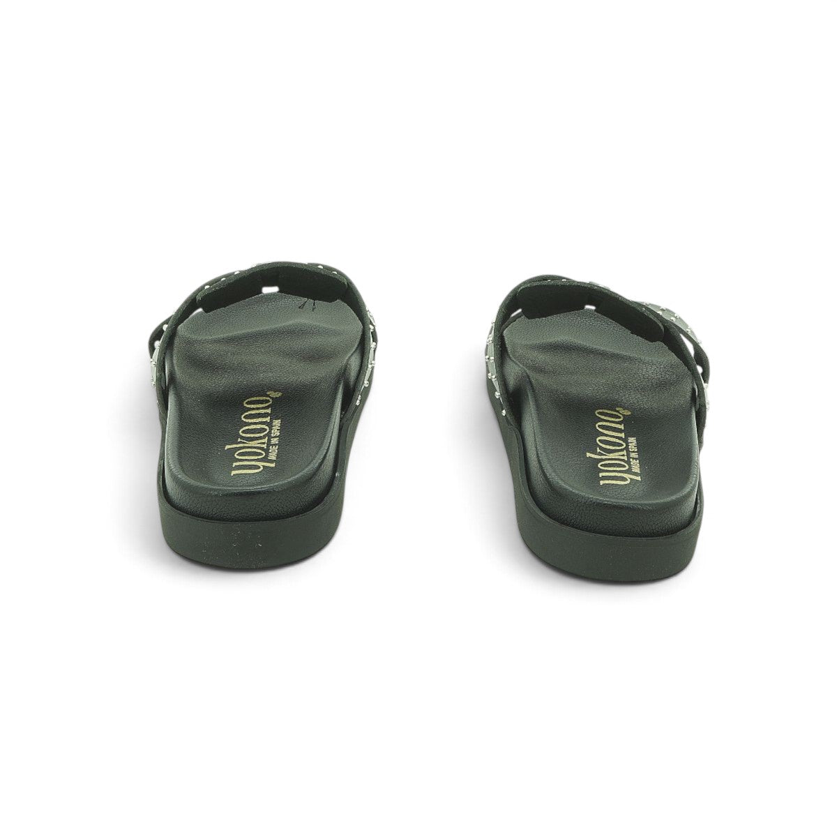 Yokono Black Leather Studded Woven Cross-Strap Flat Slide | MORENA-312