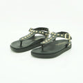 Yokono Black Leather Gold Pyramid Studded T-Bar Flat Sandal | MORENA-315