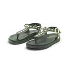 Yokono Black Leather Gold Pyramid Studded T-Bar Flat Sandal | MORENA-315