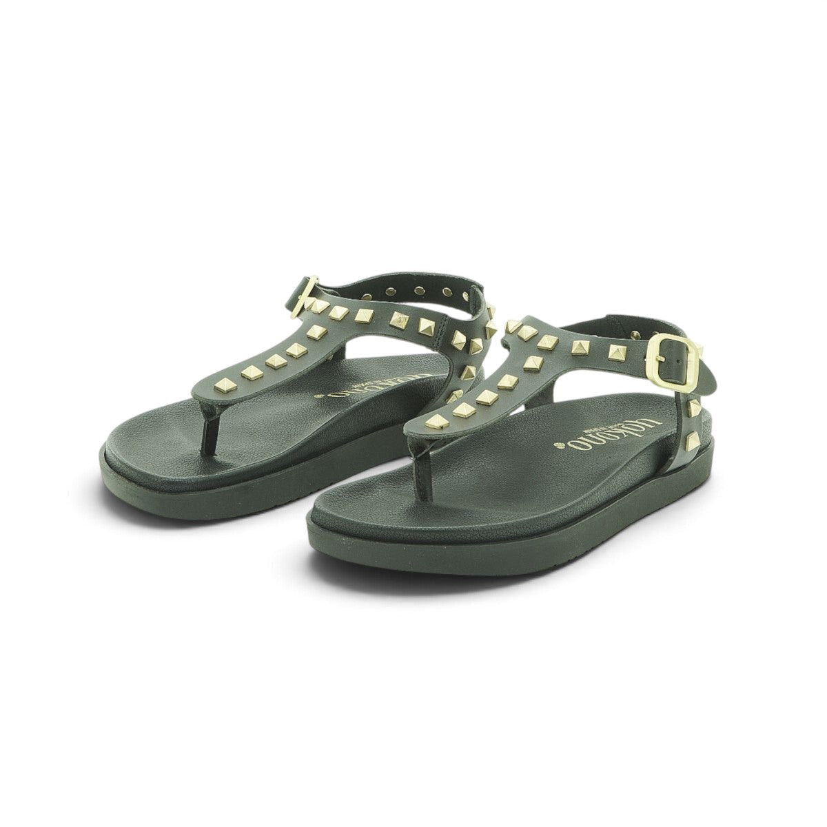 Yokono Black Leather Gold Pyramid Studded T-Bar Flat Sandal | MORENA-315