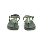 Yokono Black Leather Gold Pyramid Studded T-Bar Flat Sandal | MORENA-315