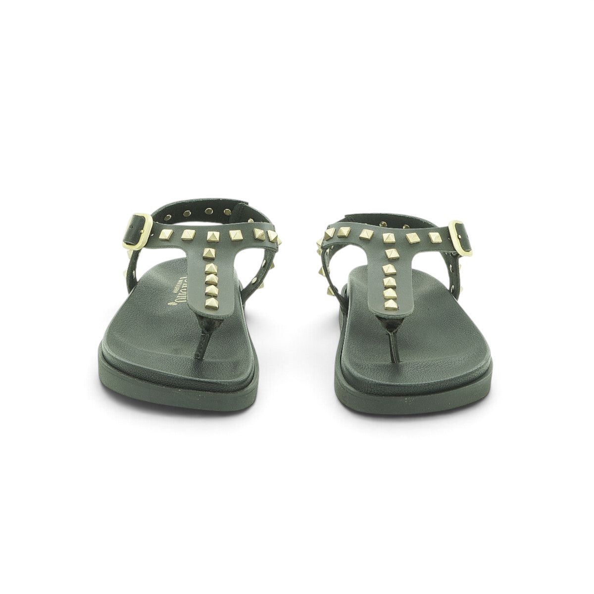 Yokono Black Leather Gold Pyramid Studded T-Bar Flat Sandal | MORENA-315