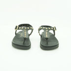 Yokono Black Leather Gold Pyramid Studded T-Bar Flat Sandal | MORENA-315