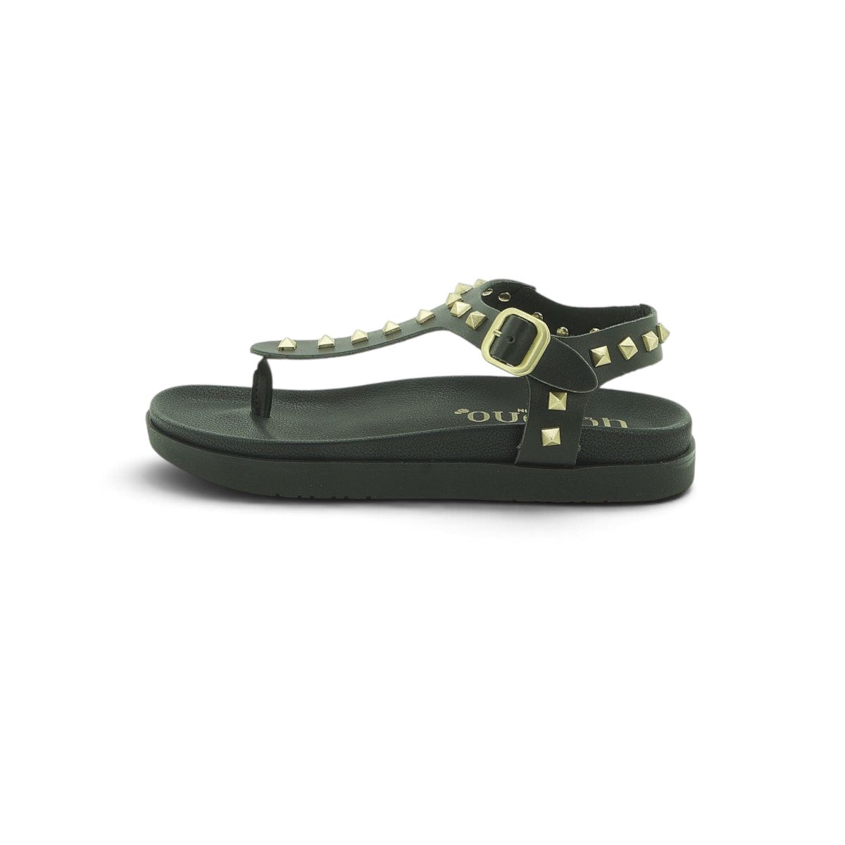 Yokono Black Leather Gold Pyramid Studded T-Bar Flat Sandal | MORENA-315