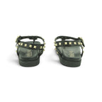 Yokono Black Leather Gold Pyramid Studded T-Bar Flat Sandal | MORENA-315