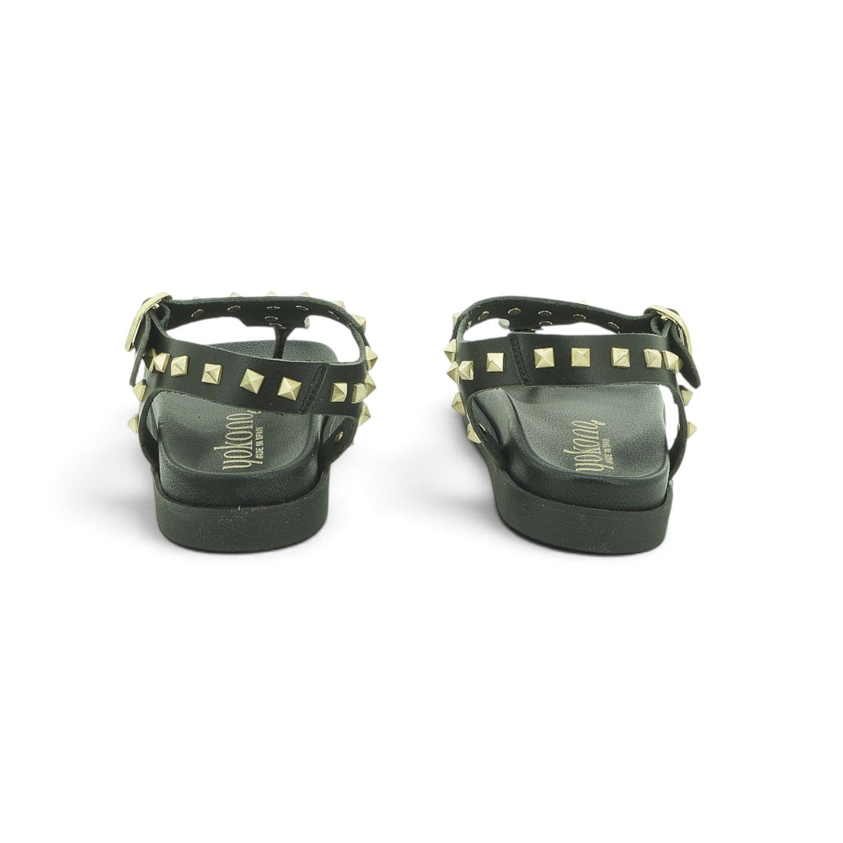 Yokono Black Leather Gold Pyramid Studded T-Bar Flat Sandal | MORENA-315