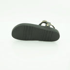 Yokono Black Leather Gold Pyramid Studded T-Bar Flat Sandal | MORENA-315