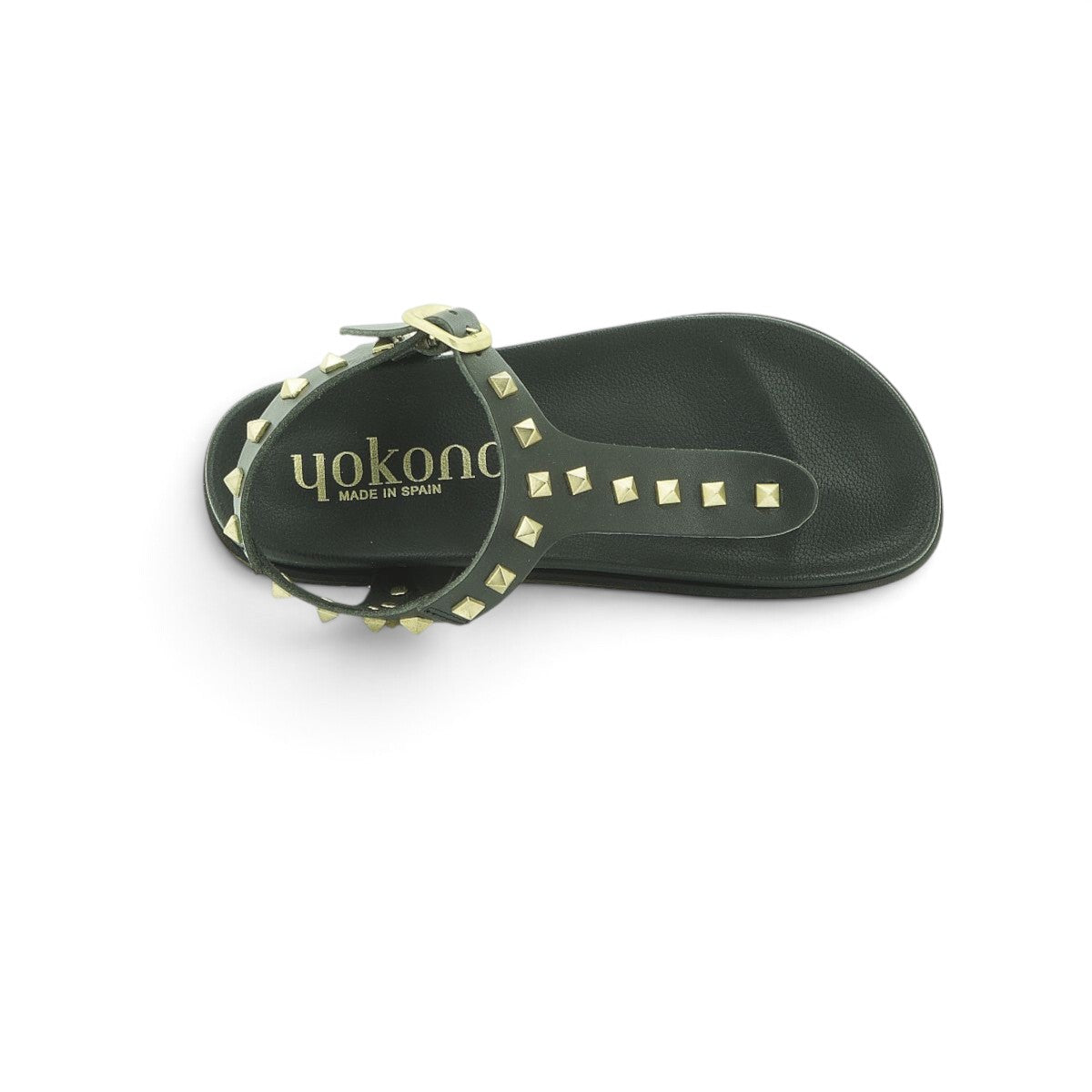 Yokono Black Leather Gold Pyramid Studded T-Bar Flat Sandal | MORENA-315
