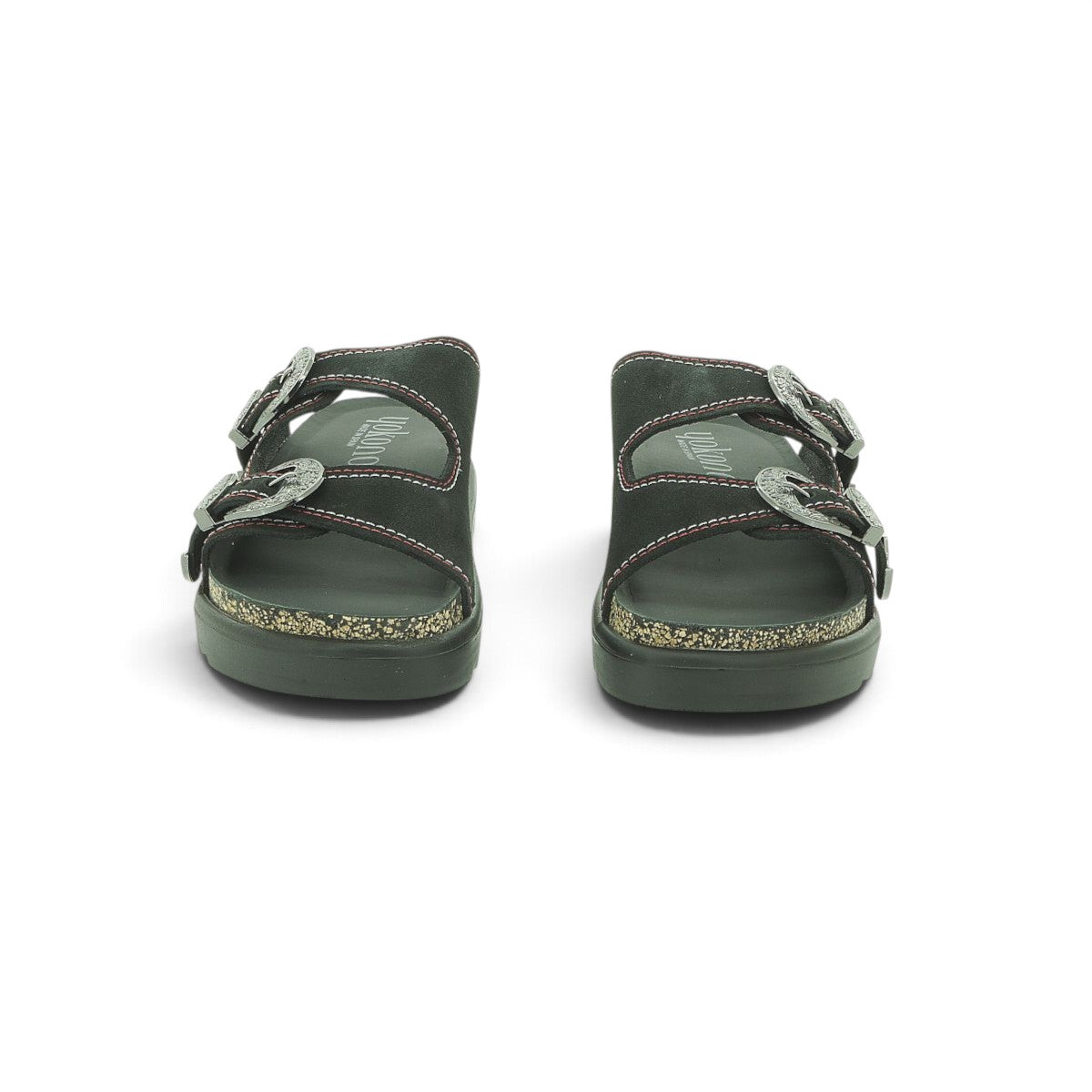 Yokono Espresso Nubuck Western Buckle Double-Strap Cork Flat Slide | TUNEZ-253