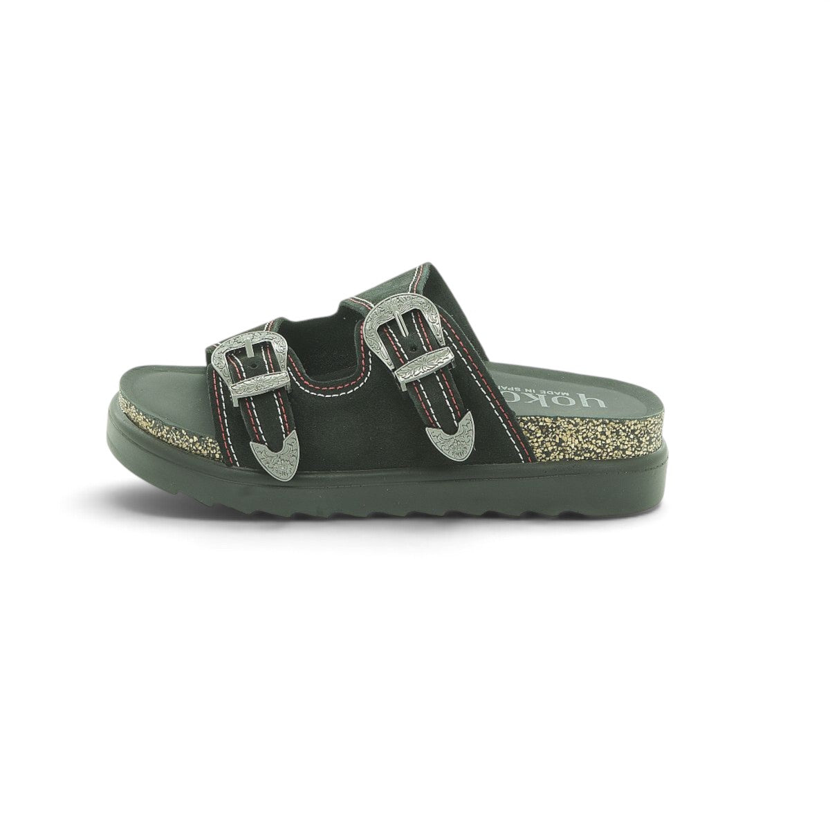 Yokono Espresso Nubuck Western Buckle Double-Strap Cork Flat Slide | TUNEZ-253