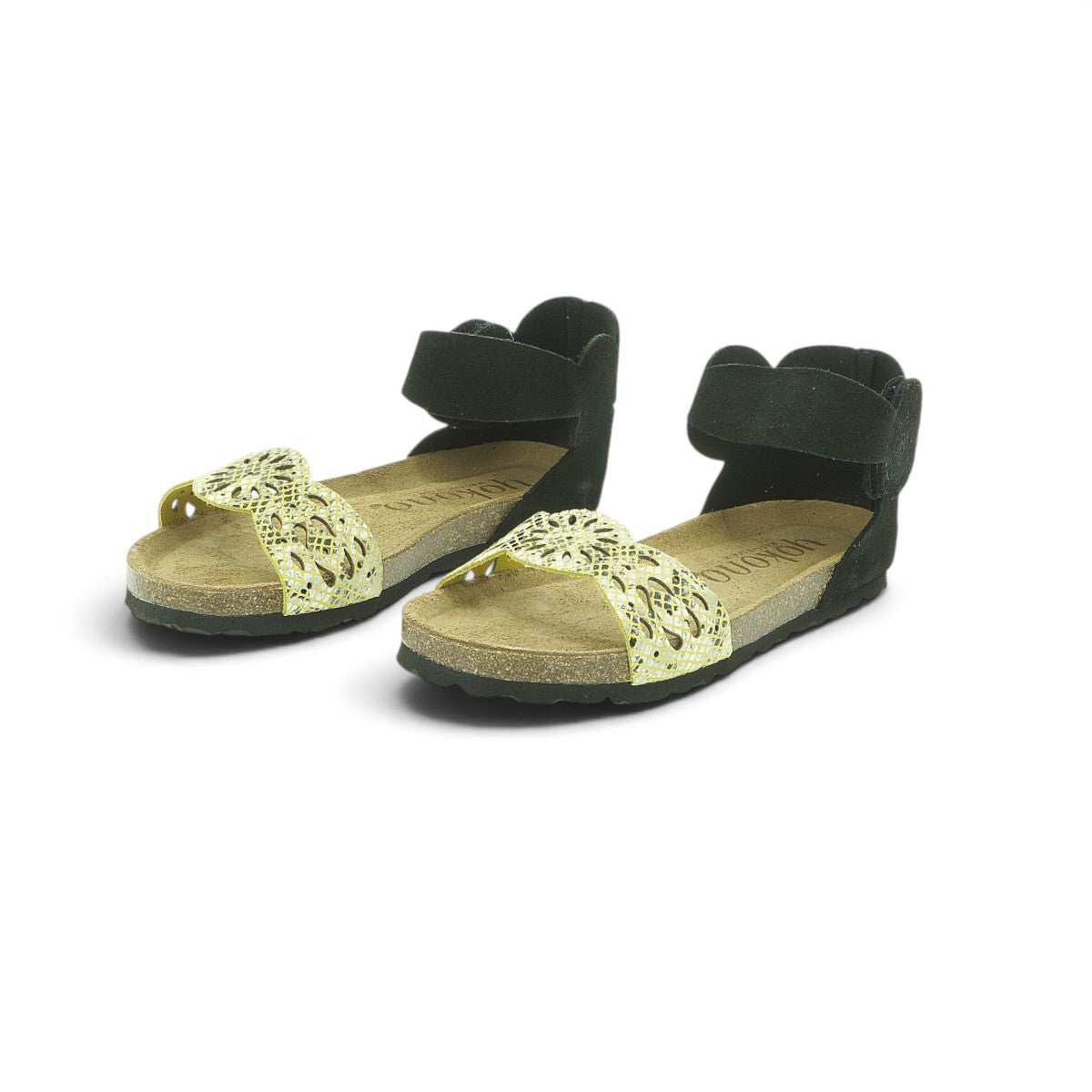 Yokono Gold Laser-Cut & Black Nubuck Two-Tone Cork Flat Sandal | VILLA-086