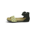 Yokono Gold Laser-Cut & Black Nubuck Two-Tone Cork Flat Sandal | VILLA-086