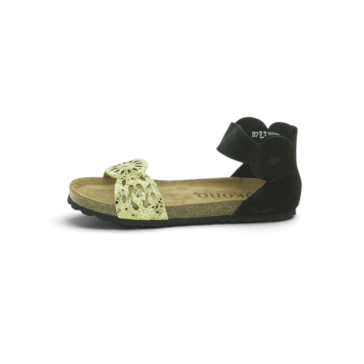 Yokono Gold Laser-Cut & Black Nubuck Two-Tone Cork Flat Sandal | VILLA-086