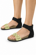 Yokono Gold Laser-Cut & Black Nubuck Two-Tone Cork Flat Sandal | VILLA-086