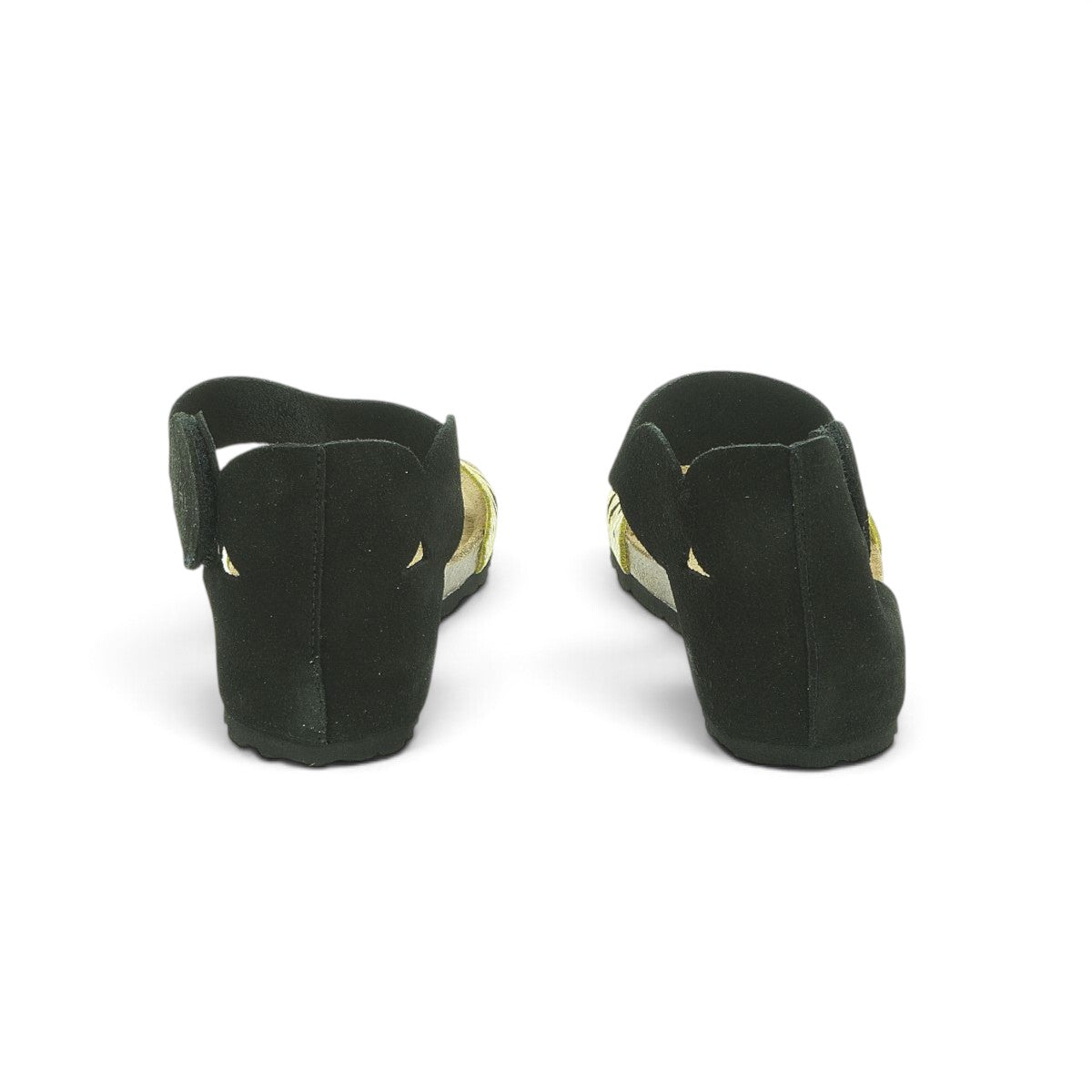 Yokono Gold Laser-Cut & Black Nubuck Two-Tone Cork Flat Sandal | VILLA-086